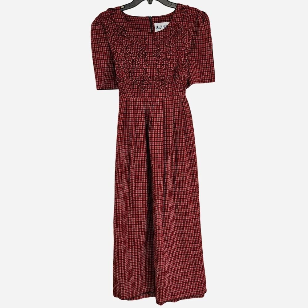 90s cottagecore grandmacore red black plaid maxi dress
